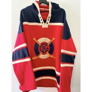 Mens Hockey Hoodie Sweatshirt Red Blue Laced V-Neck Pullover Embroidered XXL